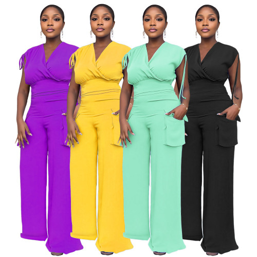 Drawstring high waisted women's loose straight leg pants two-piece set