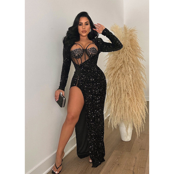 Women's solid color sequin sexy slit long dress