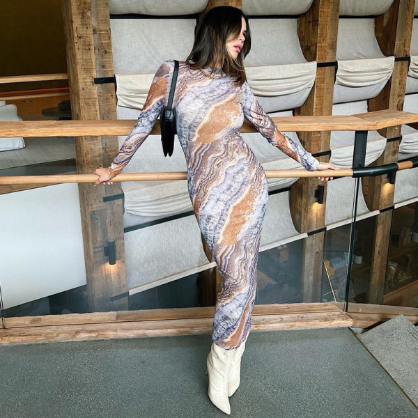 Milk silk printed long sleeved dress