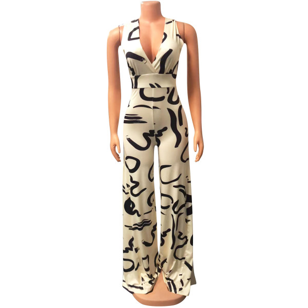 Women's sexy V-neck printed sleeveless jumpsuit
