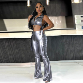 Sexy side exposed hollow vest with high waistband and flared pants set