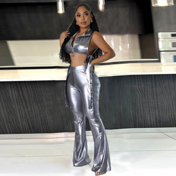 Sexy side exposed hollow vest with high waistband and flared pants set
