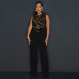 Round necked sleeveless hot diamond jumpsuit loose wide leg pants