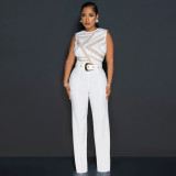 Round necked sleeveless hot diamond jumpsuit loose wide leg pants