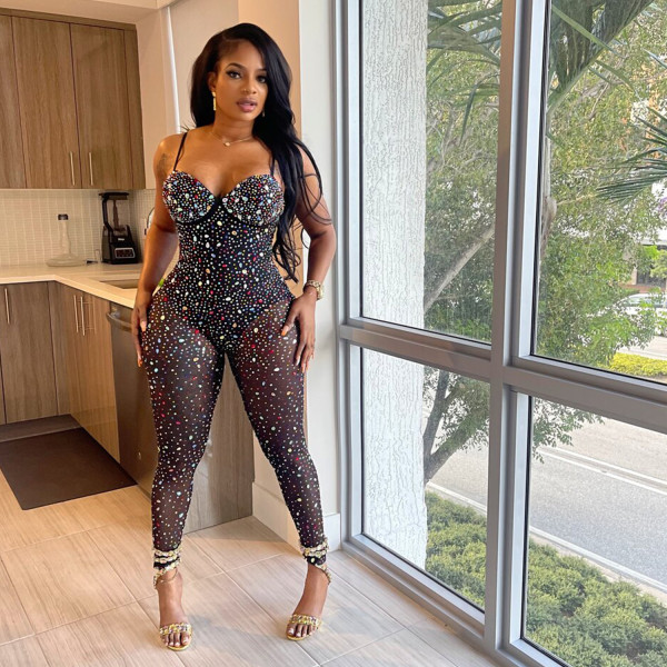 Women's solid color mesh hot diamond sleeveless long pants jumpsuit