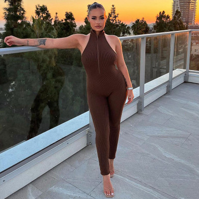 Women's sexy backless zipper hanging neck slim fit sports jumpsuit