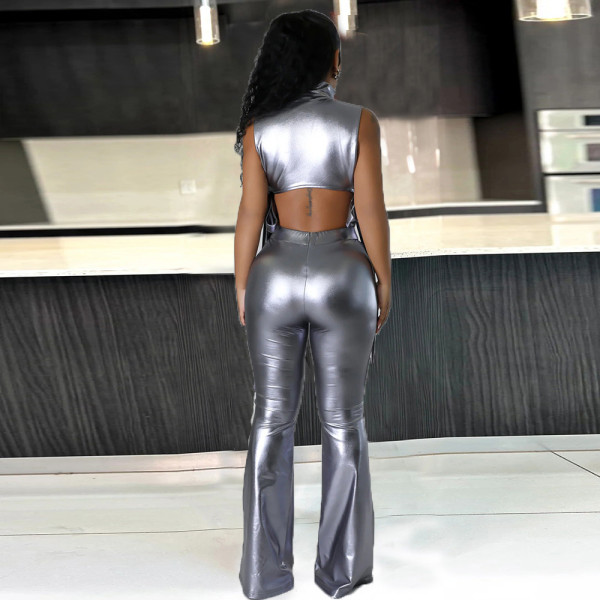 Sexy side exposed hollow vest with high waistband and flared pants set