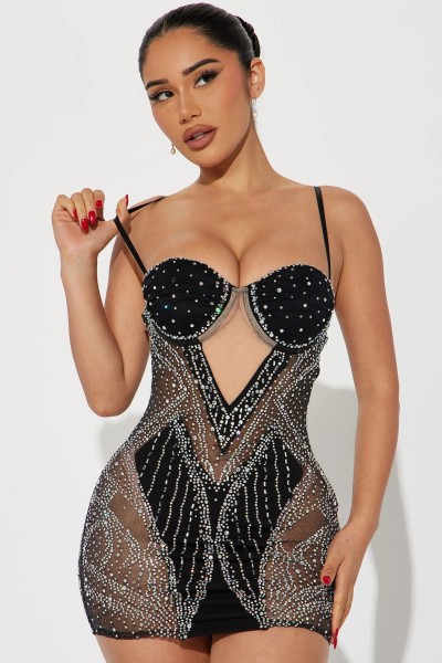 Perspective strap hot diamond wrap buttocks A-line dress