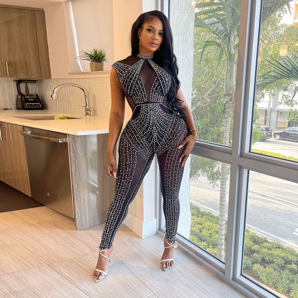 Slim Fit Hot Diamond Perspective Wrap Hip Elastic Slim Fit Sleeveless jumpsuit