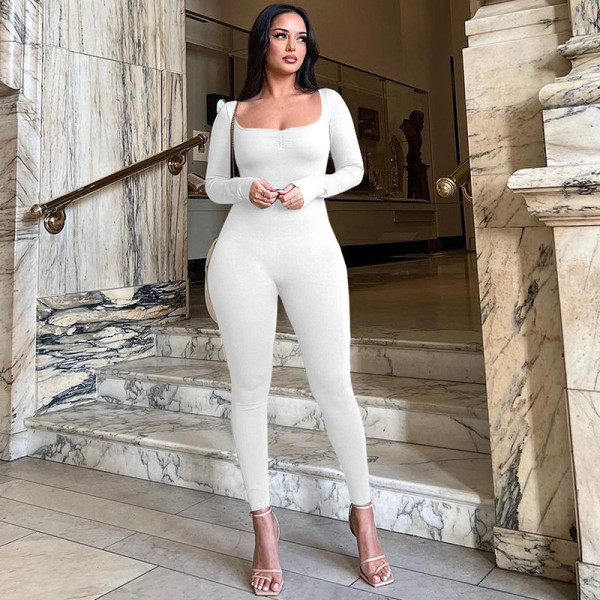 Solid color square neckline pleated long sleeved slim fit sports yoga jumpsuit