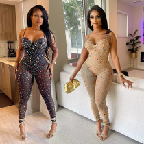 Women's solid color mesh hot diamond sleeveless long pants jumpsuit Women's solid color mesh hot diamond sleeveless long pants jumpsuit