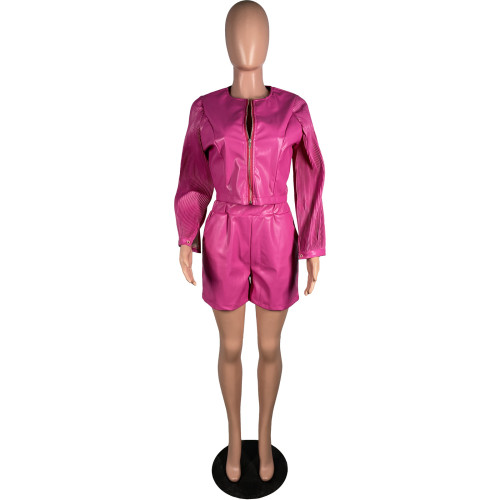 Women's sexy PU motorcycle pleated long sleeved set
