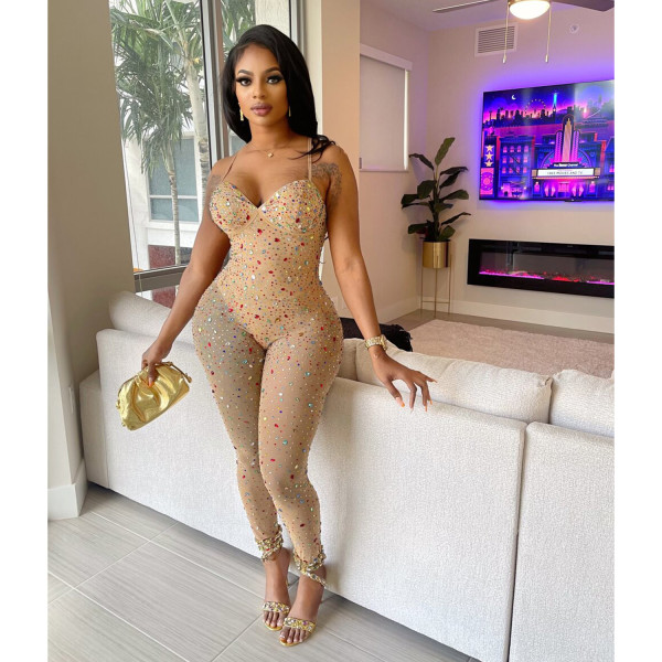 Women's solid color mesh hot diamond sleeveless long pants jumpsuit