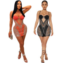 Perspective strap hot diamond wrap buttocks A-line dress Perspective strap hot diamond wrap buttocks A-line dress