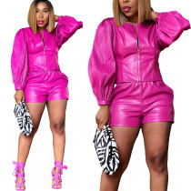 Women's sexy PU motorcycle pleated long sleeved set
