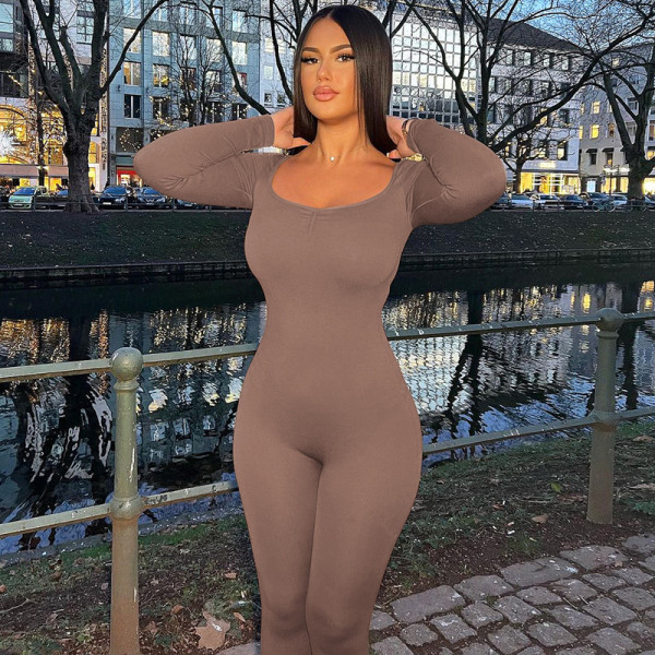 Solid color square neckline pleated long sleeved slim fit sports yoga jumpsuit