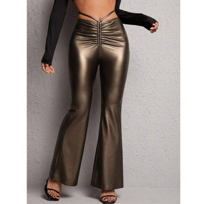 Low waisted lace up PU elastic slim fit wide leg flared pants