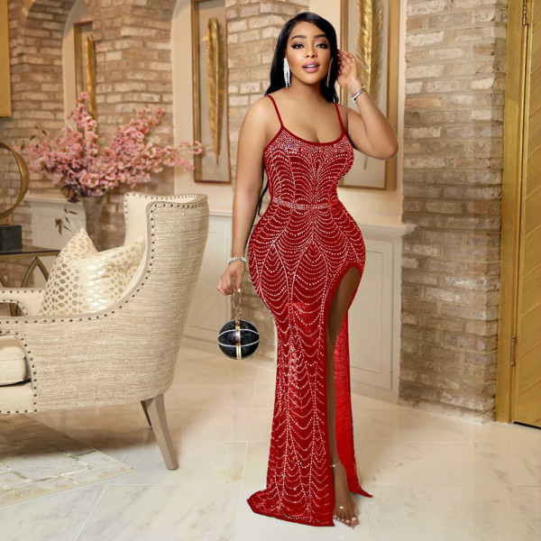 Sexy Sling Hot Diamond Split Open Leg Hot Diamond Dress