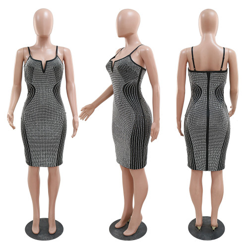 Sexy suspender slit wrap buttocks hot diamond dress