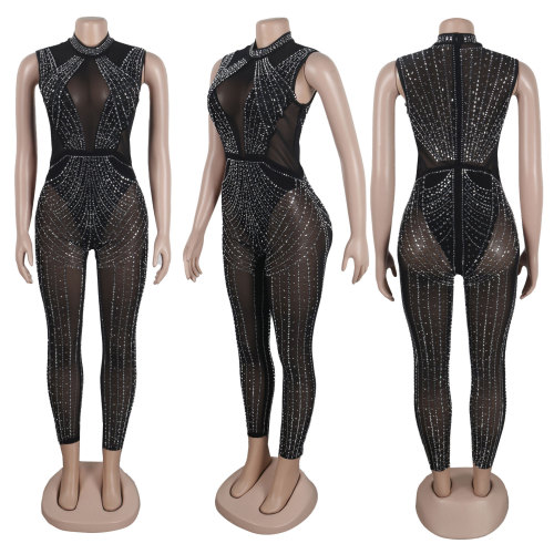 Slim Fit Hot Diamond Perspective Wrap Hip Elastic Slim Fit Sleeveless jumpsuit