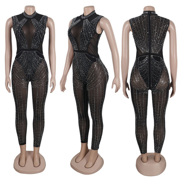 Slim Fit Hot Diamond Perspective Wrap Hip Elastic Slim Fit Sleeveless jumpsuit