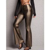 Low waisted lace up PU elastic slim fit wide leg flared pants