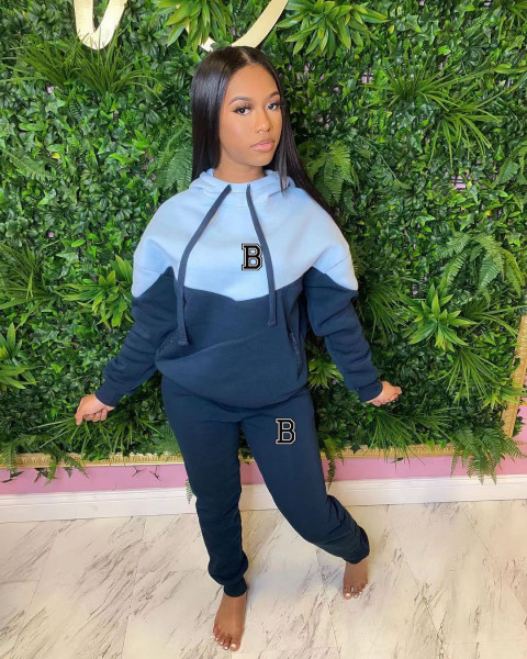 Casual splicing hooded two-piece set