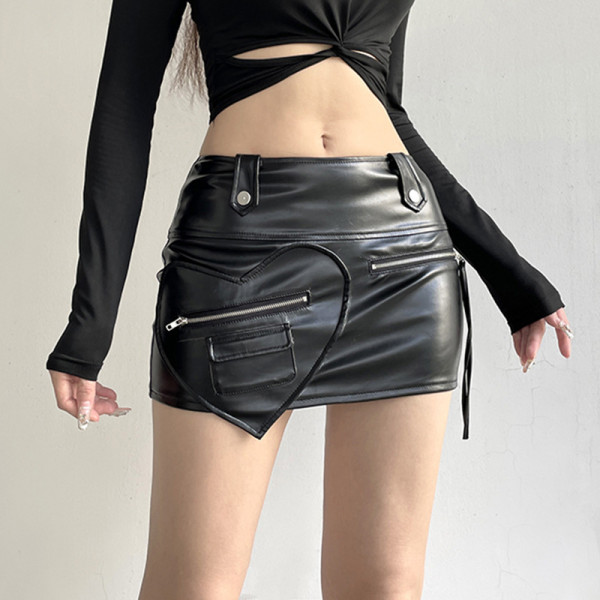 PU leather micro elastic splicing heart zipper heavy-duty bag buttocks sexy characteristic half body short skirt