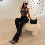 High waisted chicken eye button heavy-duty slim fit straight leg special denim pants