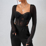 Lace mesh fishbone slim fit square neck long sleeved top