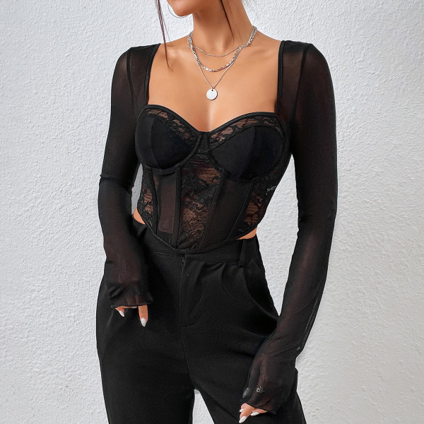 Lace mesh fishbone slim fit square neck long sleeved top