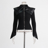 Splicing leather waist for slimming effect, solid color knitted jacket