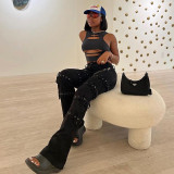 High waisted chicken eye button heavy-duty slim fit straight leg special denim pants