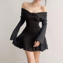 Off shoulder strapless wooden ear edge long sleeved knitted dress Off shoulder strapless wooden ear edge long sleeved knitted dress