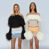 One shoulder patchwork long sleeved short top