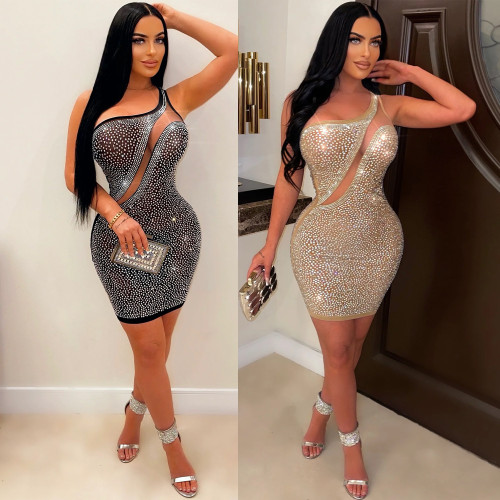 Sexy Mesh Hot Diamond Spliced Perspective Nightclub Dress