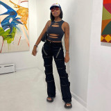 High waisted chicken eye button heavy-duty slim fit straight leg special denim pants