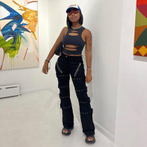 High waisted chicken eye button heavy-duty slim fit straight leg special denim pants