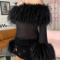 One shoulder patchwork long sleeved short top One shoulder patchwork long sleeved short top