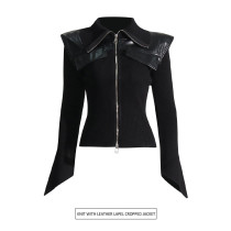 Splicing leather waist for slimming effect, solid color knitted jacket Splicing leather waist for slimming effect, solid color knitted jacket