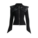 Splicing leather waist for slimming effect, solid color knitted jacket