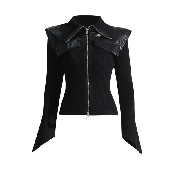 Splicing leather waist for slimming effect, solid color knitted jacket