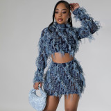 Slim fit navel exposed high waisted short skirt set