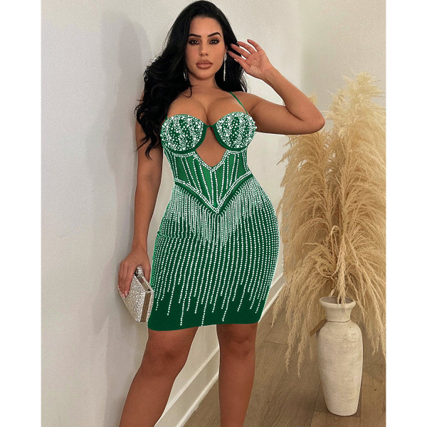Women's solid color mesh hot diamond strap short skirt dress