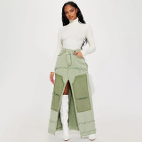 High waisted zippered split A-line loose denim skirt long skirt