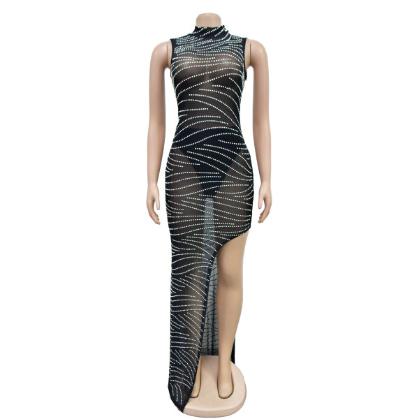 Women's solid color mesh hot diamond sleeveless long dress dress
