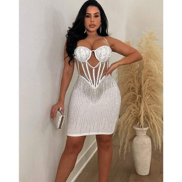 Women's solid color mesh hot diamond strap short skirt dress
