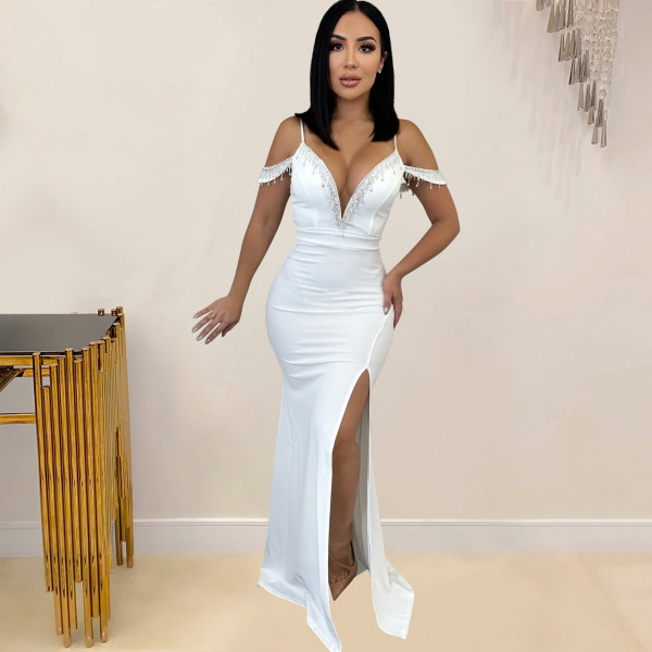 Women's solid color tassel suspender long dress