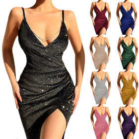 Sexy Sparkling Pink High Split Deep V-Strap Dress