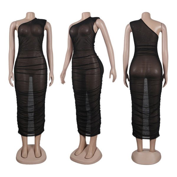 Slim fit sexy diagonal shoulder bag buttocks elastic sleeveless dress